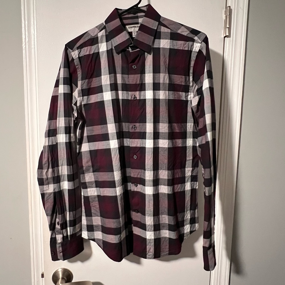 EXPRESS Checker Plaid button down shirt. Slim small 14.5 neck. Red, Black, White